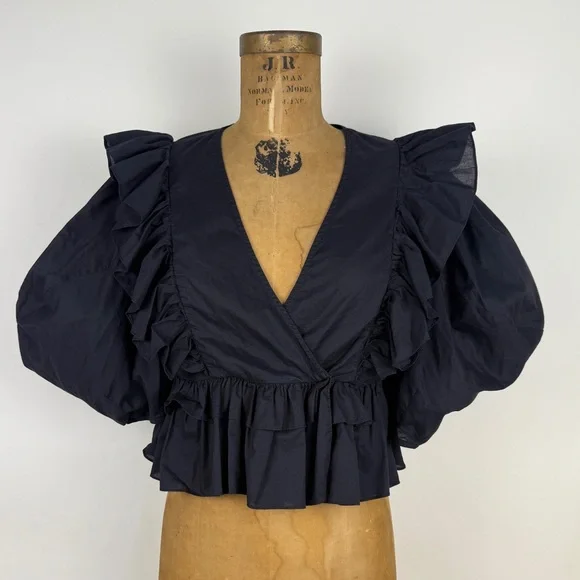 RHODE Eloise Blouse Black Cotton Puff Sleeve Ruffled Top EUC size M - Picture 4 of 10